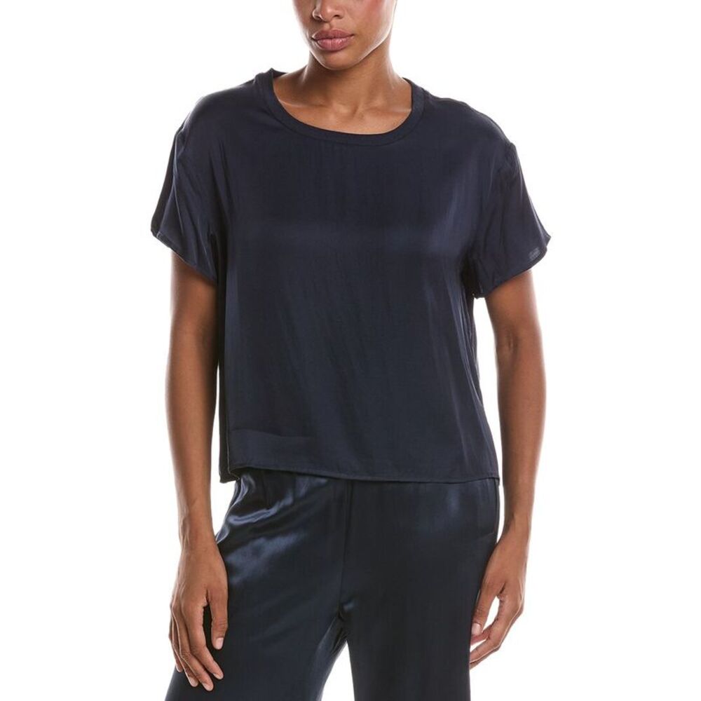 Perfectwhitetee Womens  Delphine Luxe Satin Crewneck T-Shirt, Navy